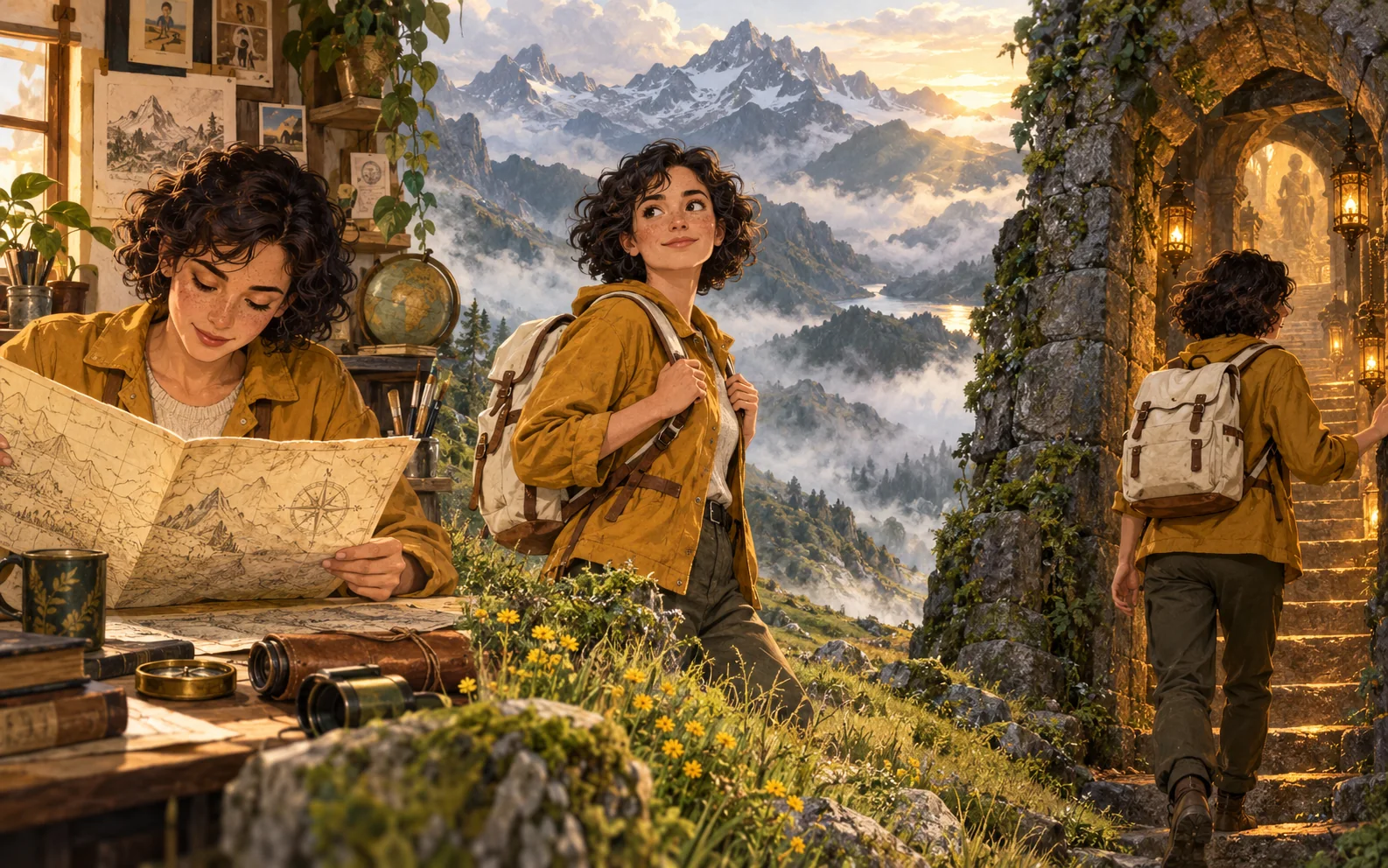 Illustrated explorer reading a map, in the mountains and beside a stone arch