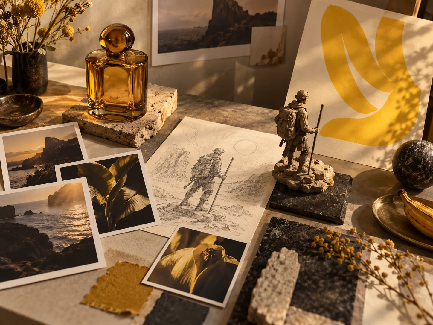 Perfume bottle, sketches, landscape prints and miniature explorer on a creative desk