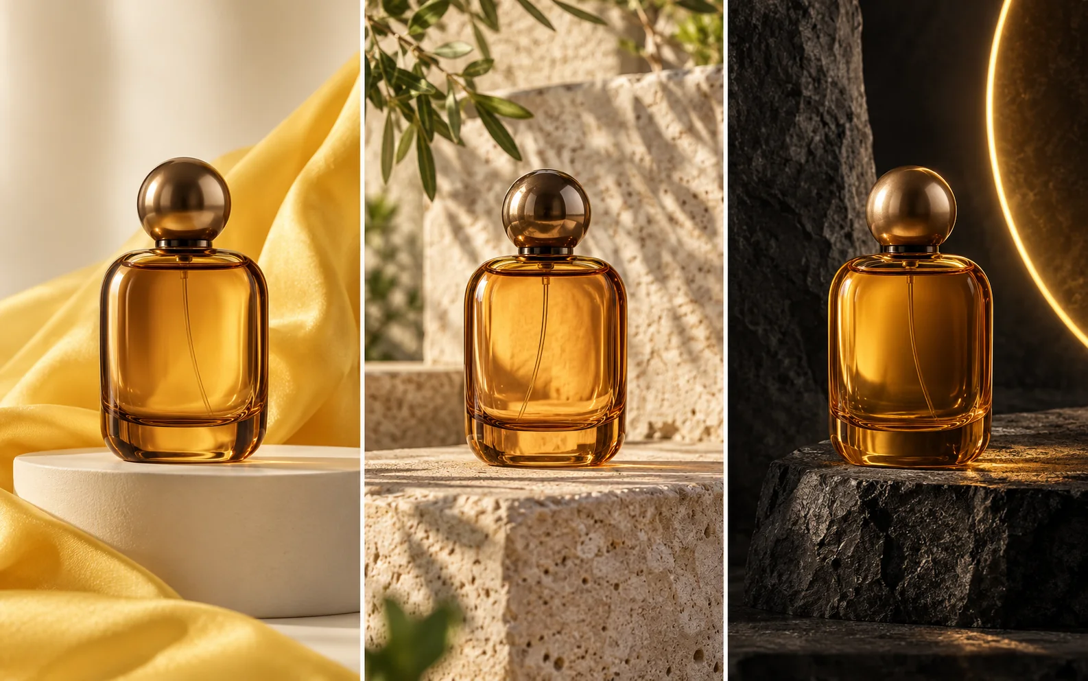 Amber perfume bottle in three differently lit settings