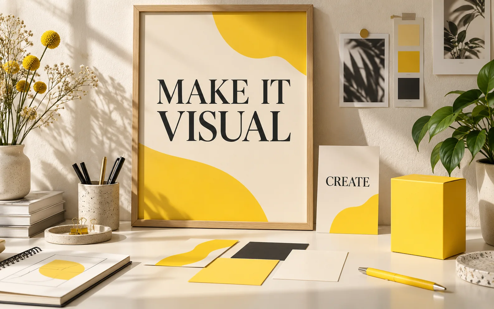 Yellow and ivory poster reading MAKE IT VISUAL with cards and packaging